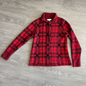 Christopher & Banks Sweater Medium Button Front Short Red Black Plaid